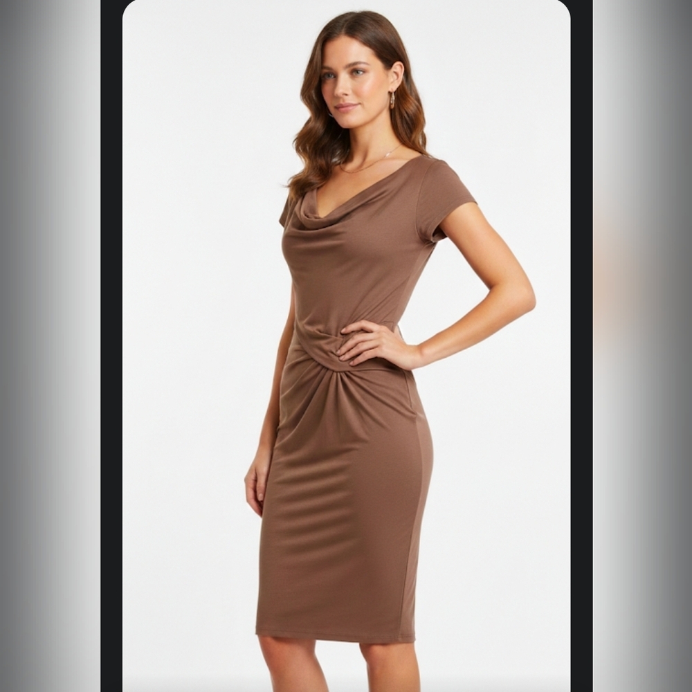 Nine West Rouched Dress Size 10 Formal Brown/Tan Short Sleeve knee length